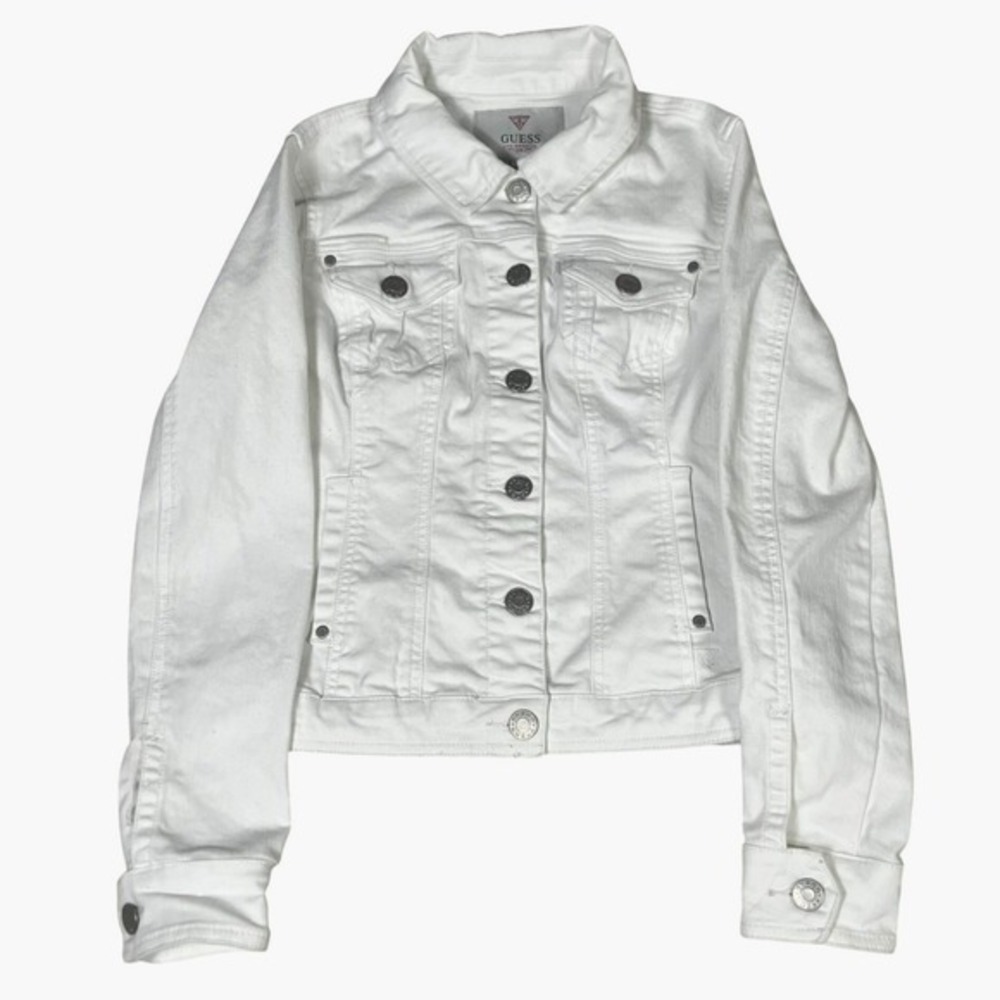 Guess White Denim Jacket Trucker Style Button Front Classic Size L